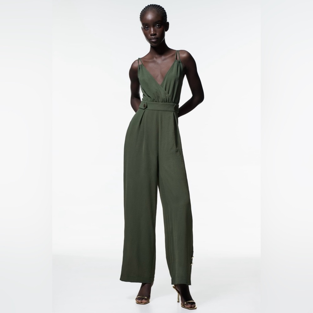 Zara NWT XS full length gold button jumpsuit in olive.